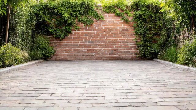 Lush cozy garden courtyard with brick wall, paved walkway, greenery foliage and sunlit ivy covered