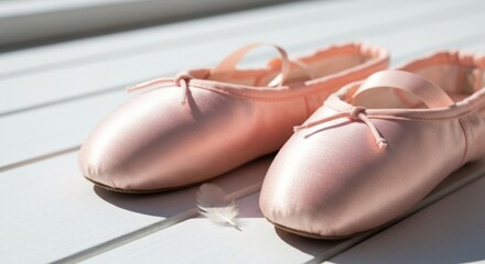 Two pink ballet slippers rest on a bright white wooden surface, with a feather