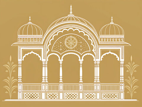 Indian royal balcony architecture, simplified vector, muted gold background