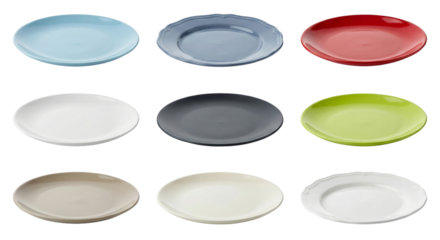Collection of colorful oval ceramic plates isolated on transparent background