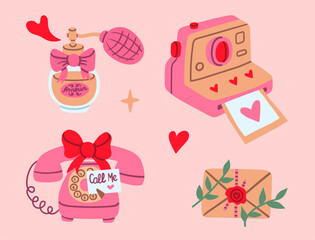 Flat style Valentine love message set with vintage perfume bottle, instant camera, rotary phone, and sealed envelope, perfect for romantic cards, social media, and cute communication-themed designs.