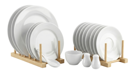 Elegant and Minimalist White Dinnerware Set Displayed on Wooden Racks Isolated on a Clean Background