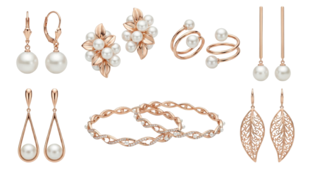 Elegant pearl jewelry collection including earrings bracelets and rings isolated on transparent