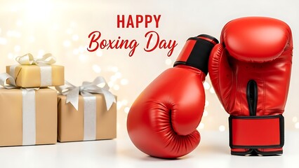 Happy boxing day greeting with red gloves and wrapped holiday gift boxes
