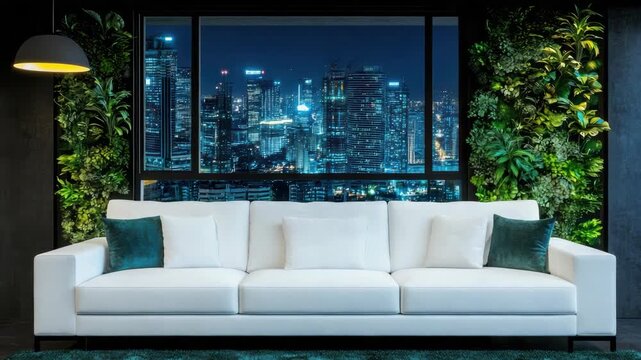 Modern white sofa loft living room with city skyline night and lush green vertical garden