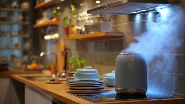 Medium shot of a modern kitchen setup where steam heat sanitization is applied for purifying utensils showcasing hygienic cooking practices.