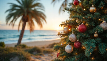 Festive Christmas tree with palm tree and beach in the background