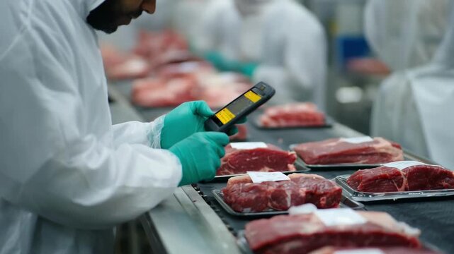Medium shot capturing a quality inspector verifying digital tags on meat cuts for seamless tracking through automated traceability systems.