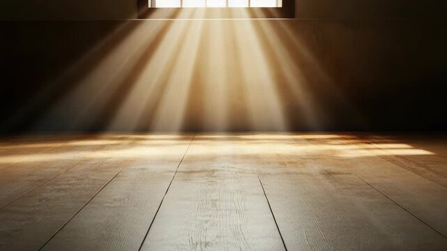 Sunlight beam wooden floor empty room warm glow interior dramatic shadows peaceful mood