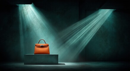 Elegant designer handbag illuminated by spotlights in a dark room