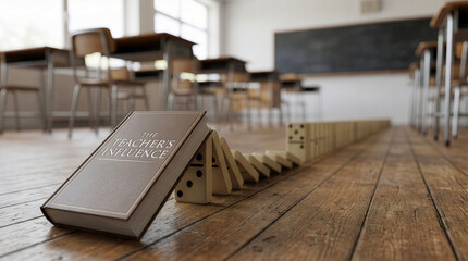 Book titled the teachers influence with wooden dominoes on desk in empty classroom with chalkboard, desks, chairs representing teacher appreciation week education impact