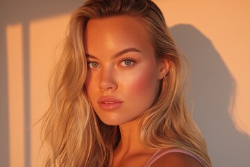 Skincare editorial shoot of blonde model with long hair against brown background radiant skin natural beauty fresh complexion professional styling high quality sharp focus