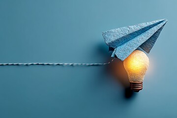 Paper airplane with glowing lightbulb on blue background symbolizing creativity and innovative solutions