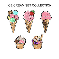 Hand drawn set ice cream scoop with waffle cone, fresh and tasty dessert illustration. Perfect for menu design, cafe branding, packaging, advertising, social media, and food-related creative projects.