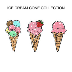 Hand drawn set ice cream scoop with waffle cone, fresh and tasty dessert illustration. Perfect for menu design, cafe branding, packaging, advertising, social media, and food-related creative projects.