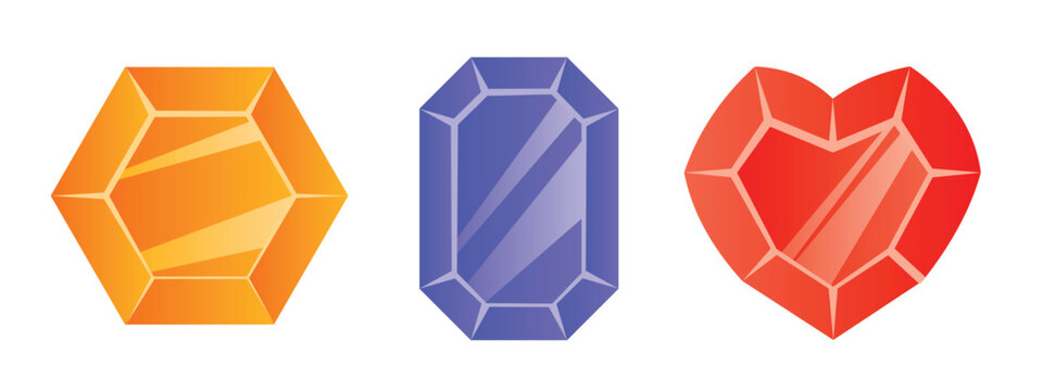 Three shiny gemstones of different shapes. Vector illustration isolated on a white background