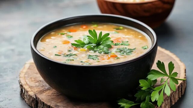 Hearty creamy vegetable soup with parsley garnish in rustic bowl on wooden board, carrots celery
