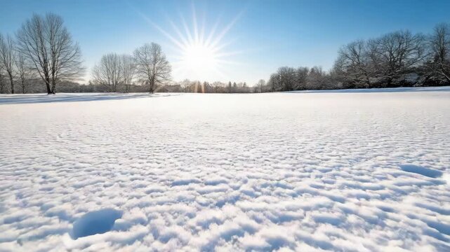Sunlit snowy field with bare tree sunburst and clear blue sky winter glow