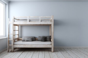 Fototapeta premium Wooden bunk bed situated in an empty room with pale blue walls and light flooring