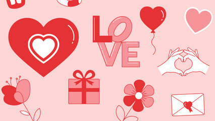 Collection of Romantic Love Theme Icons and Elements with Hearts, Gifts, and Balloons on Pink Background