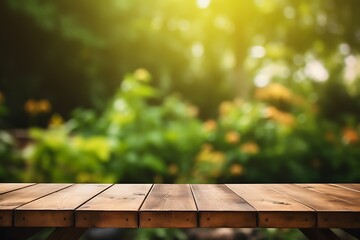 Fototapeta premium Rustic wooden table in serene garden setting with sunlight