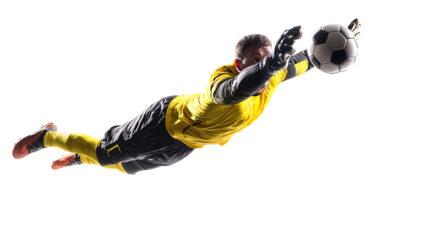 Soccer goalkeeper diving to catch ball in mid air dynamically