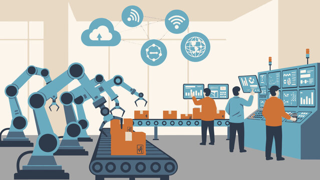 Factory workers managing industrial robots on an automated assembly line with smart technology and cloud connectivity icons in a modern plant. - Powered by Adobe