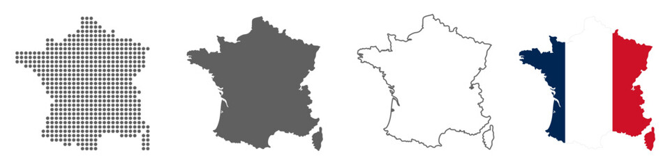 Fototapeta premium France Map Set with Dot, Silhouette, Outline and Flag Vector