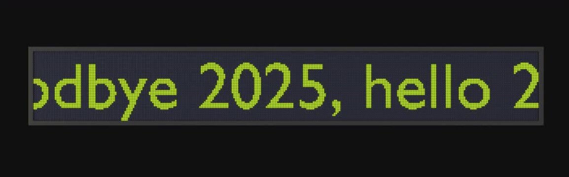 New Year 2026 text animation transparent background loop. Goodbye 2025 hello 2026 digital display board loop