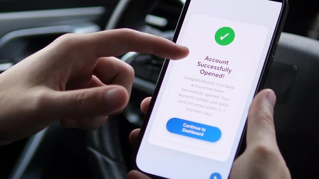 a seamless digital onboarding process completed from the drivers seat: reviewing terms, taking action, and instantly opening a new bank account with a success confirmation. Perfect for fintech