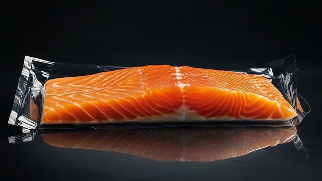 Salmon fillet rotating in plastic packaging