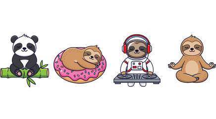 Cute sloth and panda cartoon character collection with meditation donut astronaut DJ themes flat vector illustration for kids and playful design © Sumon Creative