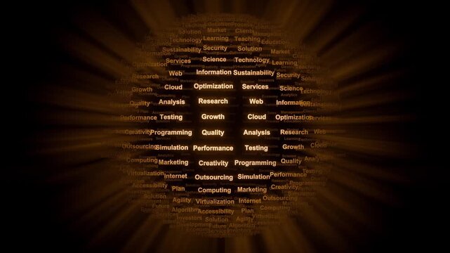 3d animated sphere of business, development, marketing and computer engineering related tags and buzzwords revolving around itself. Lots of random words on dark golden background. 