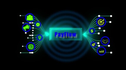 Global payflow technology concept graphic with neon icons for digital payments, financial networking, merchant solutions, artificial intelligence, innovation and strategic business development
 - Powered by Adobe