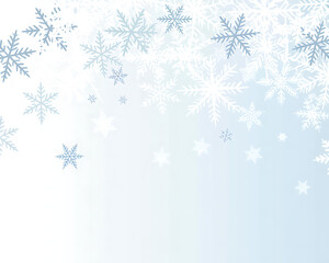 A cascade of white and light blue snowflakes falling from the top against a soft white and pale blue background