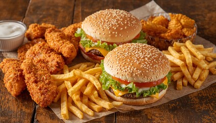 A large platter of burgers fries chicken tenders and onion rings