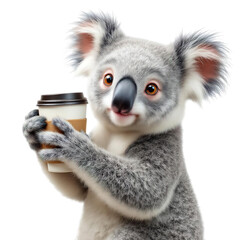 Adorable cartoon koala holding a coffee cup on transparent background