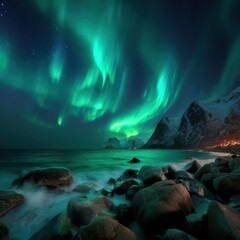 Naklejka premium Vibrant Aurora Borealis dancing over the ocean, a mesmerizing natural spectacle