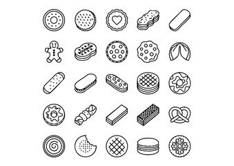 Handcrafted Biscuit & Cookie Line Icon Collection, Minimalist Bakery Treats & Sweets Vector Set, Essential Pastry & Snack Food B&W Graphics