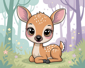 Charming cartoon fawn sitting in a serene forest with pastel trees and delicate wildflowers deer baby animal