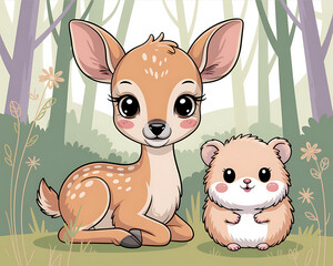Cute cartoon fawn and hamster friends in a whimsical forest setting Keywords: fawn, deer, baby deer, doe, hamster, rodent, small animal, cute, adorable, cartoon, illustration, drawing, forest