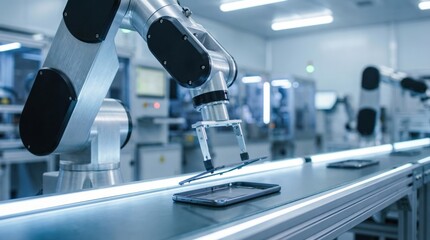 Advanced robotic arm in factory assembling electronic components during the day on an automated production line