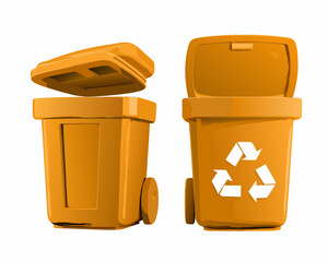 Orange recycling bins with open and closed lids representing waste management