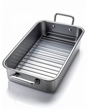 Stainless Steel Roasting Pan with Rack on White Surface Studio Shot