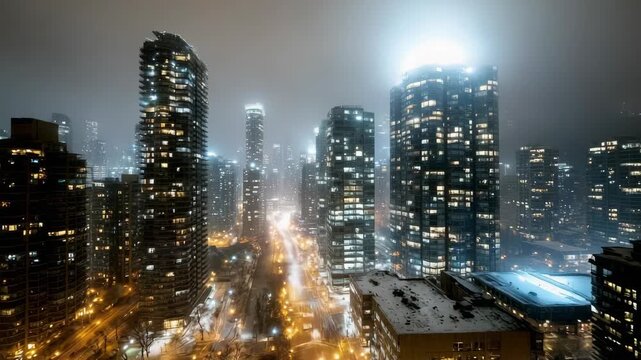Foggy snowy city skyline at night with illuminated highrise building windows and glowing streets