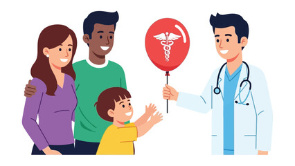 Obraz premium Healthcare's Caring Hand: A doctor extends a symbol of health, represented by a balloon, toward a happy family, representing access to care and reassurance.
