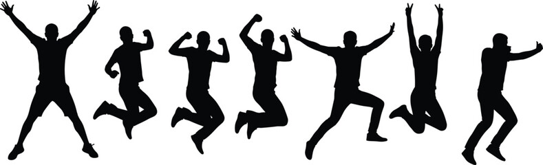 Group of energetic jumping people silhouettes, celebrating success, freedom, teamwork, happiness, motion, achievement, youth, excitement, unity, victory, lifestyle