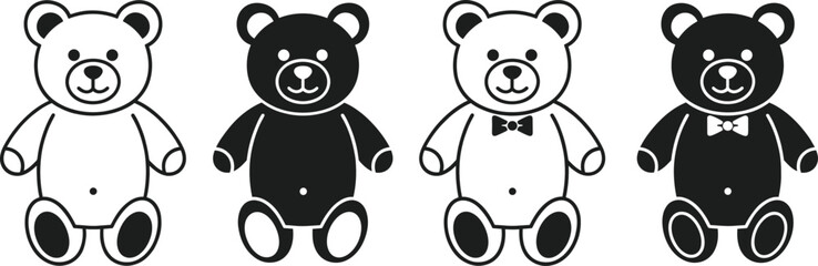 Cute teddy bear characters set in black and white flat vector illustration for kids, toys, stickers, and nursery design