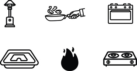 Kitchen cooking icons with stove and flame