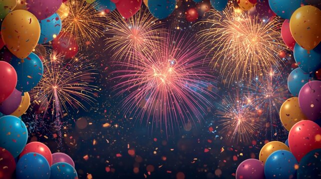 Pertunjukan kembang api yang meriah dengan balon warna-warni dan konfeti di malam hari.